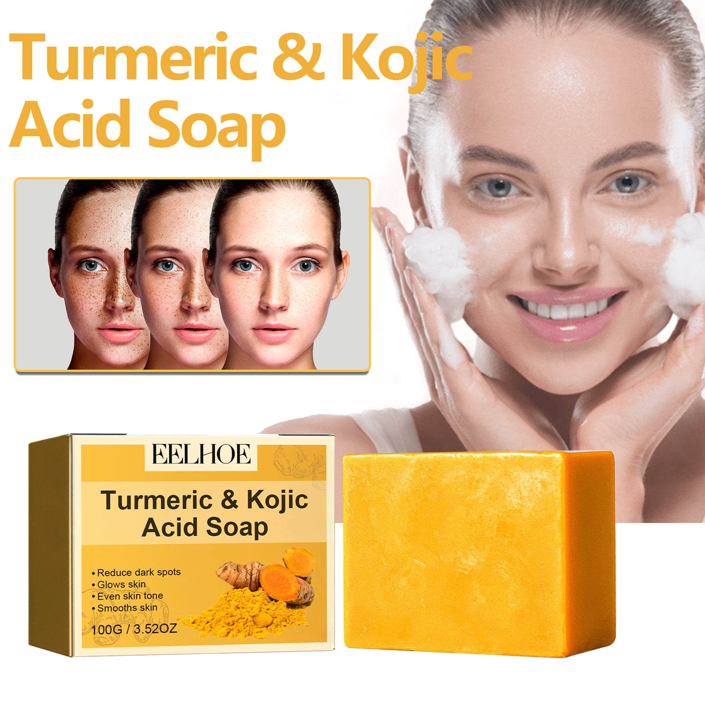 Turmeric & Kojic Acid Soap, Gently Clean Face Fade Spots Brighten Skin Tone Moisturize And Moisturize Even Skin Tone