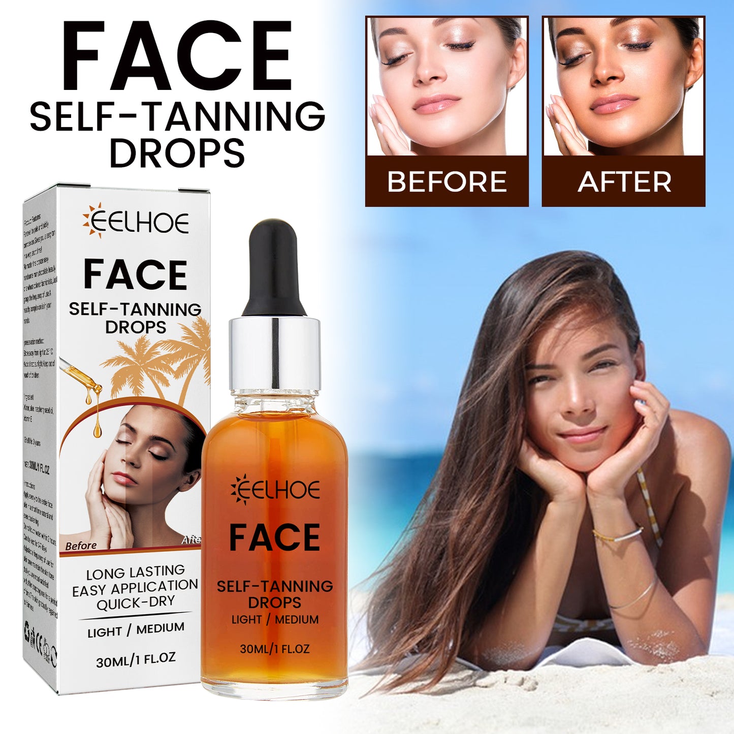 Face Self-Tanning Drops, Natural Fashion Wheat Bronzer Moisturizing Skin Anti-Sunburn Solution
